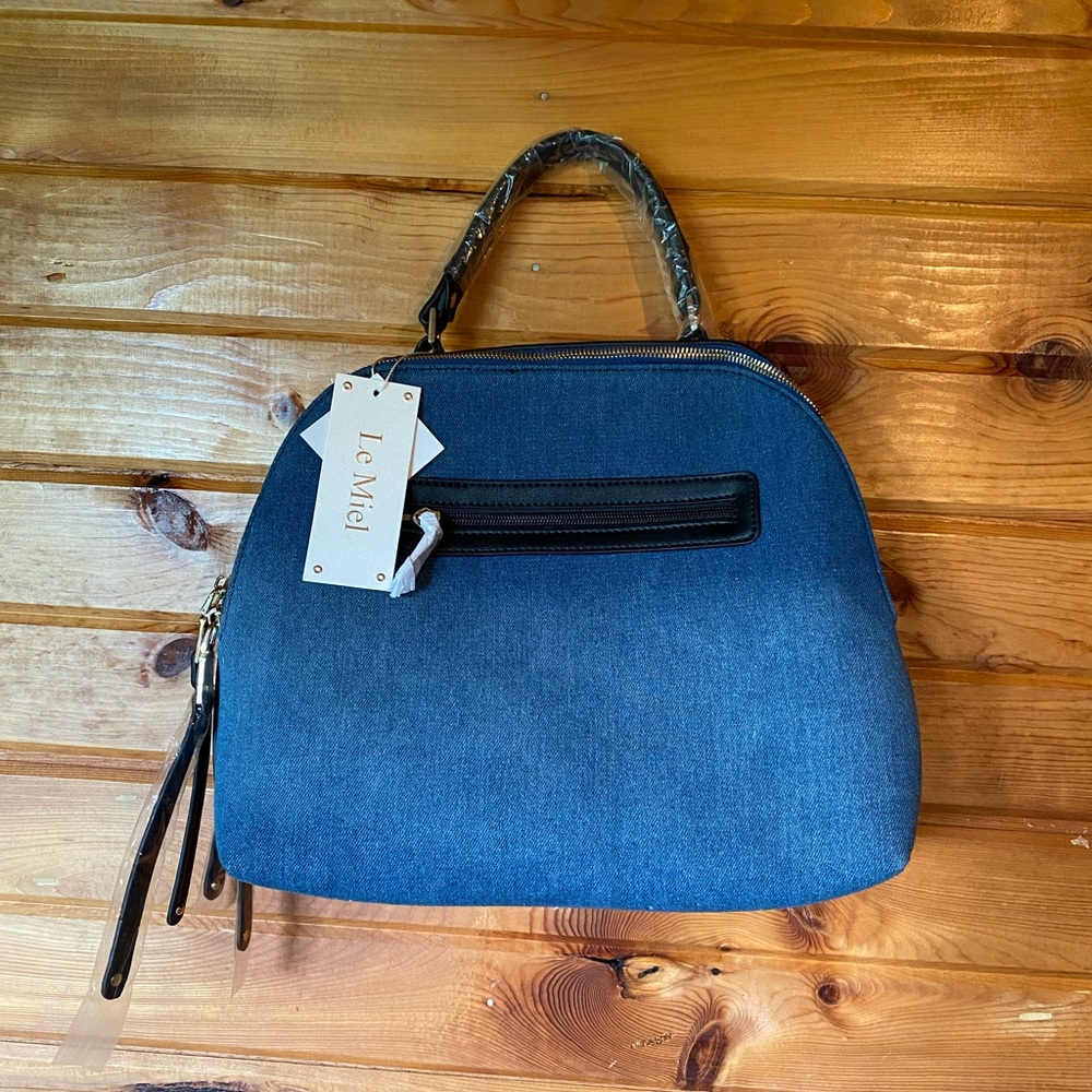 Blue and Black Denim Satchel with Structured Design